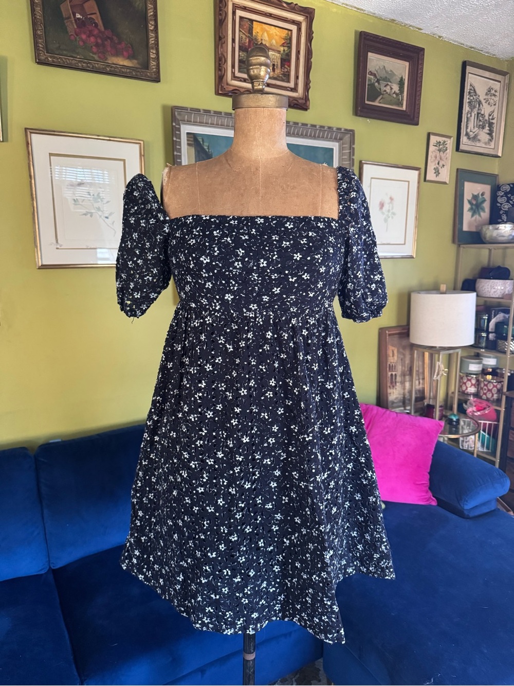 Maeve Navy Floral Square-Neck Mini Dress with Puff Sleeves